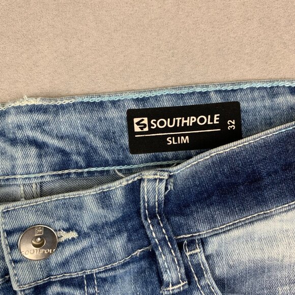 Southpole Mens Jean Shorts 32 Slim Blue Denim Paint Splatter Stretch Faded 11" - Picture 2 of 10